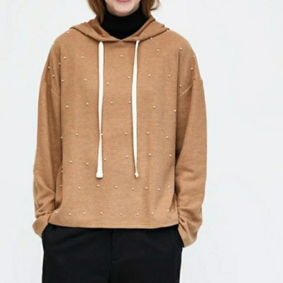 Zara Pearl Sweatshirt Sweater Pullover Hooded Tan Camel Size Small - Picture 2 of 10